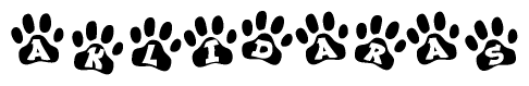 The image shows a series of animal paw prints arranged in a horizontal line. Each paw print contains a letter, and together they spell out the word Aklidaras.
