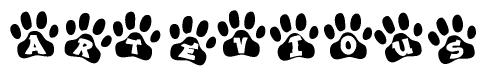 The image shows a row of animal paw prints, each containing a letter. The letters spell out the word Artevious within the paw prints.