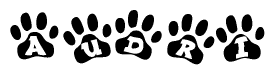 The image shows a row of animal paw prints, each containing a letter. The letters spell out the word Audri within the paw prints.