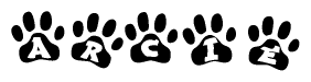 The image shows a series of animal paw prints arranged in a horizontal line. Each paw print contains a letter, and together they spell out the word Arcie.