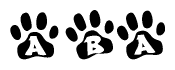 The image shows a row of animal paw prints, each containing a letter. The letters spell out the word Aba within the paw prints.