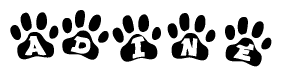 The image shows a series of animal paw prints arranged in a horizontal line. Each paw print contains a letter, and together they spell out the word Adine.