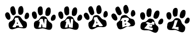 The image shows a series of animal paw prints arranged in a horizontal line. Each paw print contains a letter, and together they spell out the word Annabel.