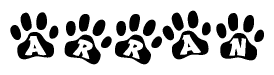 The image shows a series of animal paw prints arranged horizontally. Within each paw print, there's a letter; together they spell Arran