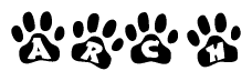 The image shows a series of animal paw prints arranged horizontally. Within each paw print, there's a letter; together they spell Arch