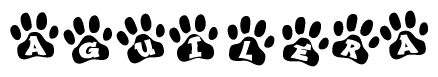 The image shows a row of animal paw prints, each containing a letter. The letters spell out the word Aguilera within the paw prints.