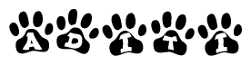 The image shows a series of animal paw prints arranged in a horizontal line. Each paw print contains a letter, and together they spell out the word Aditi.