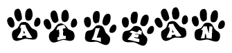 The image shows a series of animal paw prints arranged horizontally. Within each paw print, there's a letter; together they spell Ailean
