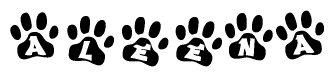 The image shows a series of animal paw prints arranged horizontally. Within each paw print, there's a letter; together they spell Aleena