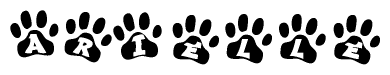 The image shows a series of animal paw prints arranged horizontally. Within each paw print, there's a letter; together they spell Arielle
