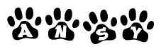 The image shows a row of animal paw prints, each containing a letter. The letters spell out the word Ansy within the paw prints.