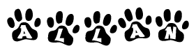 The image shows a row of animal paw prints, each containing a letter. The letters spell out the word Allan within the paw prints.