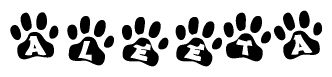 The image shows a row of animal paw prints, each containing a letter. The letters spell out the word Aleeta within the paw prints.