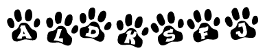 The image shows a series of animal paw prints arranged horizontally. Within each paw print, there's a letter; together they spell Aldksfj