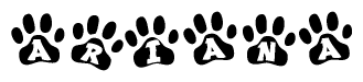 The image shows a row of animal paw prints, each containing a letter. The letters spell out the word Ariana within the paw prints.