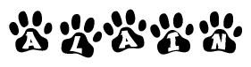 The image shows a series of animal paw prints arranged horizontally. Within each paw print, there's a letter; together they spell Alain