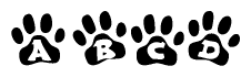 The image shows a row of animal paw prints, each containing a letter. The letters spell out the word Abcd within the paw prints.