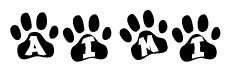 The image shows a series of animal paw prints arranged in a horizontal line. Each paw print contains a letter, and together they spell out the word Aimi.