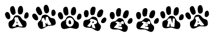 The image shows a series of animal paw prints arranged horizontally. Within each paw print, there's a letter; together they spell Amoreena