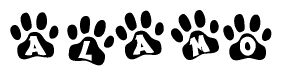 The image shows a row of animal paw prints, each containing a letter. The letters spell out the word Alamo within the paw prints.