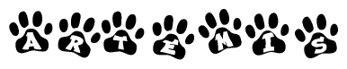 The image shows a series of animal paw prints arranged in a horizontal line. Each paw print contains a letter, and together they spell out the word Artemis.