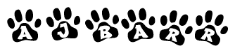 The image shows a row of animal paw prints, each containing a letter. The letters spell out the word Ajbarr within the paw prints.