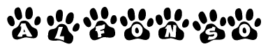 The image shows a row of animal paw prints, each containing a letter. The letters spell out the word Alfonso within the paw prints.