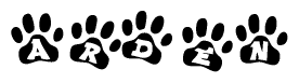 The image shows a series of animal paw prints arranged horizontally. Within each paw print, there's a letter; together they spell Arden