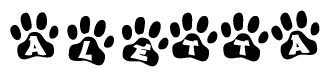 The image shows a series of animal paw prints arranged horizontally. Within each paw print, there's a letter; together they spell Aletta