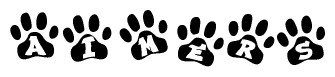 The image shows a row of animal paw prints, each containing a letter. The letters spell out the word Aimers within the paw prints.