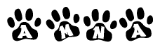 The image shows a row of animal paw prints, each containing a letter. The letters spell out the word Amna within the paw prints.