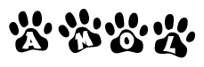 The image shows a row of animal paw prints, each containing a letter. The letters spell out the word Amol within the paw prints.