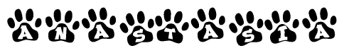 The image shows a row of animal paw prints, each containing a letter. The letters spell out the word Anastasia within the paw prints.