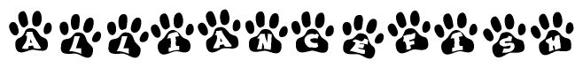 The image shows a series of animal paw prints arranged in a horizontal line. Each paw print contains a letter, and together they spell out the word Alliancefish.