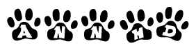 The image shows a row of animal paw prints, each containing a letter. The letters spell out the word Annhd within the paw prints.