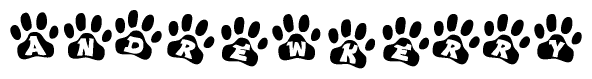 The image shows a row of animal paw prints, each containing a letter. The letters spell out the word Andrewkerry within the paw prints.
