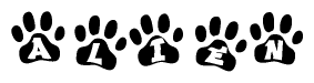The image shows a series of animal paw prints arranged horizontally. Within each paw print, there's a letter; together they spell Alien
