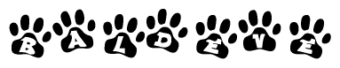 The image shows a series of animal paw prints arranged horizontally. Within each paw print, there's a letter; together they spell Baldeve