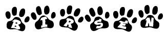 The image shows a series of animal paw prints arranged in a horizontal line. Each paw print contains a letter, and together they spell out the word Birsen.