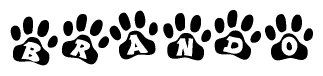 The image shows a series of animal paw prints arranged horizontally. Within each paw print, there's a letter; together they spell Brando