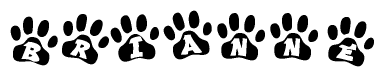 The image shows a series of animal paw prints arranged horizontally. Within each paw print, there's a letter; together they spell Brianne