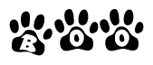 The image shows a series of animal paw prints arranged in a horizontal line. Each paw print contains a letter, and together they spell out the word Boo.
