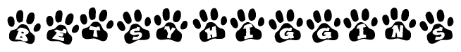 The image shows a series of animal paw prints arranged horizontally. Within each paw print, there's a letter; together they spell Betsyhiggins
