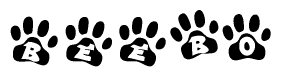 The image shows a series of animal paw prints arranged in a horizontal line. Each paw print contains a letter, and together they spell out the word Beebo.