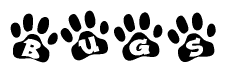 The image shows a series of animal paw prints arranged in a horizontal line. Each paw print contains a letter, and together they spell out the word Bugs.
