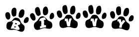 The image shows a series of animal paw prints arranged in a horizontal line. Each paw print contains a letter, and together they spell out the word Bivvy.