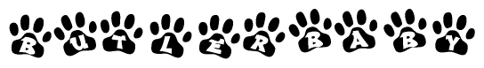 The image shows a row of animal paw prints, each containing a letter. The letters spell out the word Butlerbaby within the paw prints.