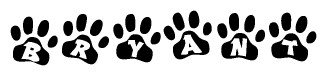 The image shows a row of animal paw prints, each containing a letter. The letters spell out the word Bryant within the paw prints.