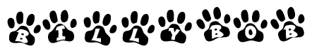The image shows a series of animal paw prints arranged in a horizontal line. Each paw print contains a letter, and together they spell out the word Billybob.