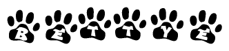 The image shows a row of animal paw prints, each containing a letter. The letters spell out the word Bettye within the paw prints.